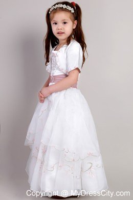 White A-line Ankle-length Embroidery Flower Girl Dress in Square