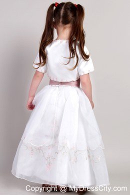 White A-line Ankle-length Embroidery Flower Girl Dress in Square