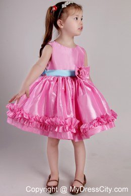 Knee-length Rose Pink Scoop Taffeta Belt Little Girl Dress