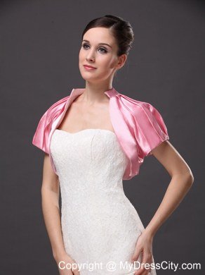 High-neck Satin Rose Pink Short Sleeves Jacket For Other Formal Occasions With Ruch Decorate