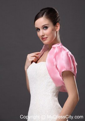 High-neck Satin Rose Pink Short Sleeves Jacket For Other Formal Occasions With Ruch Decorate