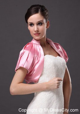 High-neck Satin Rose Pink Short Sleeves Jacket For Other Formal Occasions With Ruch Decorate