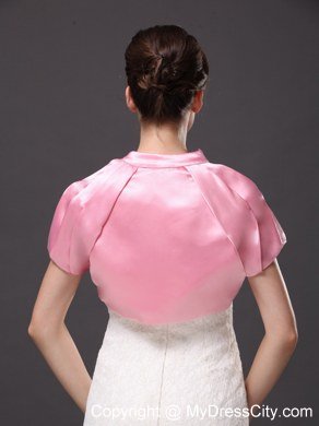 High-neck Satin Rose Pink Short Sleeves Jacket For Other Formal Occasions With Ruch Decorate