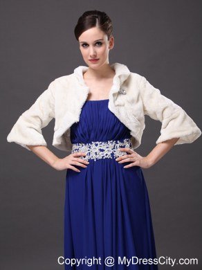 White Faux Fur Open Front Fold-over Collar Prom Jacket