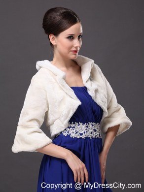 White Faux Fur Open Front Fold-over Collar Prom Jacket