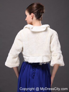 White Faux Fur Open Front Fold-over Collar Prom Jacket