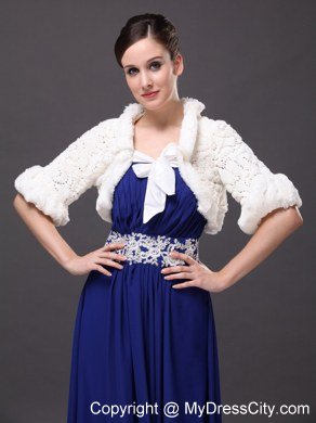 White Faux Fur Bowknot Fold-over Collar Prom Jacket