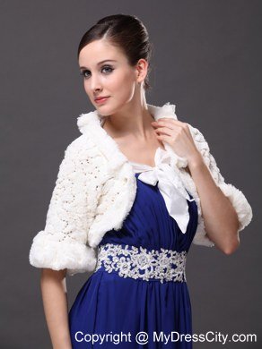 White Faux Fur Bowknot Fold-over Collar Prom Jacket