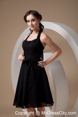 Halter Top Dresses For Bridesmaid in Black with Ruched Bowknot