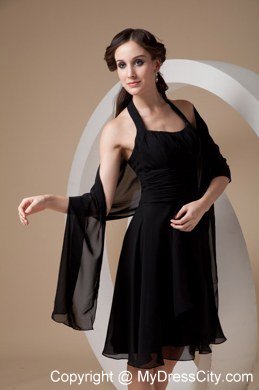 Halter Top Dresses For Bridesmaid in Black with Ruched Bowknot