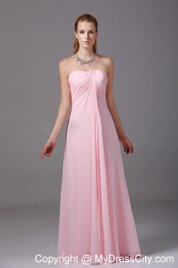 Strapless Pink Ruched Long Chiffon Empire Bridesmaids Dresses