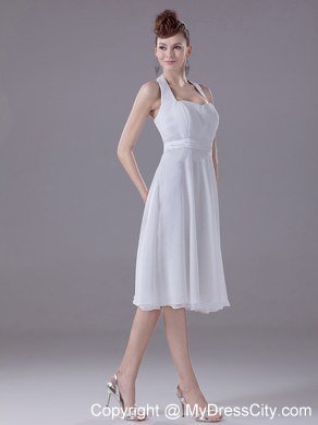 Halter Top Empire Chiffon Tea-length Bridesmaids Dresses with Satin Sash