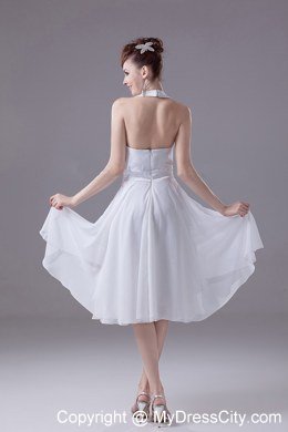 Halter Top Empire Chiffon Tea-length Bridesmaids Dresses with Satin Sash