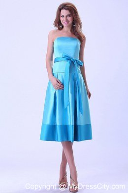 Aqua Blue Tea-length Junior Bridesmaid Dress With Bowknot