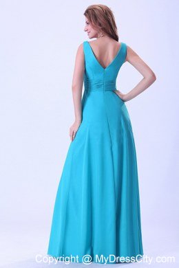 V-neck Chiffon Floor-length Ruching Maid of Honor Dress