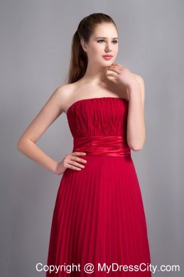 Pleating Bridesmaid Dress with Satin Sash in Wine Red