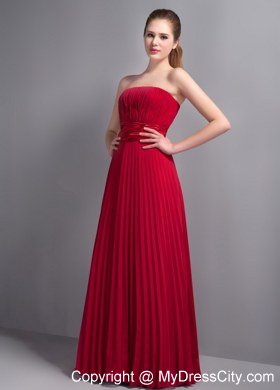 Pleating Bridesmaid Dress with Satin Sash in Wine Red