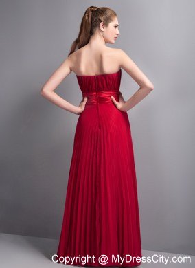 Pleating Bridesmaid Dress with Satin Sash in Wine Red