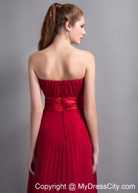 Pleating Bridesmaid Dress with Satin Sash in Wine Red