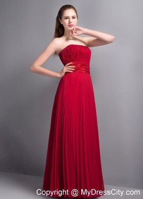 Pleating Bridesmaid Dress with Satin Sash in Wine Red