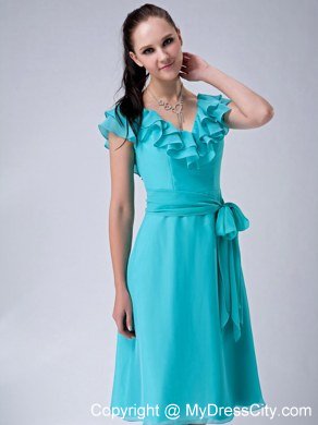 Layers V-neck Bridesmaid Dresses in Turquoise with Bowknot