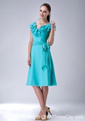 Layers V-neck Bridesmaid Dresses in Turquoise with Bowknot