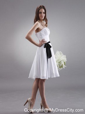 Knee-length Chiffon White Ruched Bridesmaid Dress with Black Sash