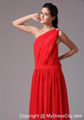 One Shoulder Beaded Simple Red Floor-length Junior Bridesmaid Dress