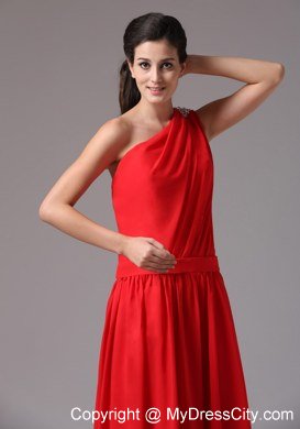 One Shoulder Beaded Simple Red Floor-length Junior Bridesmaid Dress