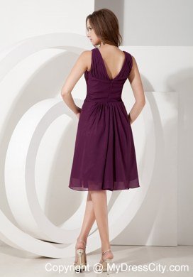 Dark Purple Empire Knee-length Chiffon Bridesmaid Dress Ruched V-neck