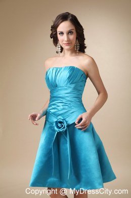 Turquoise Knee-length Satin Hand Made Flower Bridesmaid Dress