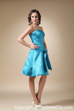 Turquoise Knee-length Satin Hand Made Flower Bridesmaid Dress