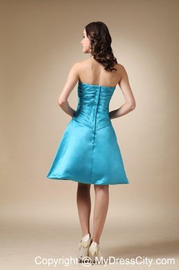 Turquoise Knee-length Satin Hand Made Flower Bridesmaid Dress