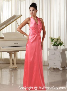 Watermelon Halter Top Bridesmaid Dress Ruched Decorate Waist Satin