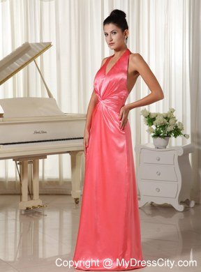 Watermelon Halter Top Bridesmaid Dress Ruched Decorate Waist Satin