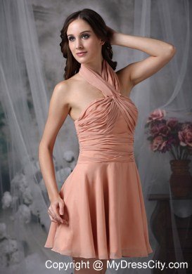 Rust Red Bridesmaid Dress Halter Top Chiffon Ruched Mini-length