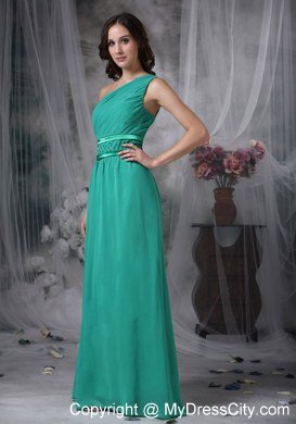 Turquoise Floor-length Bridesmaid Dress One Shoulder Chiffon Beading