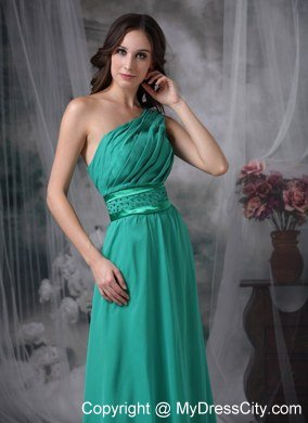 Turquoise Floor-length Bridesmaid Dress One Shoulder Chiffon Beading