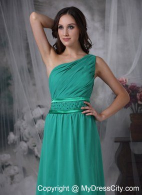 Turquoise Floor-length Bridesmaid Dress One Shoulder Chiffon Beading