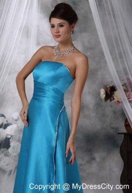 Unique Hem Beaded Strapless Floor-length Teal Satin Bridesmaid Dress