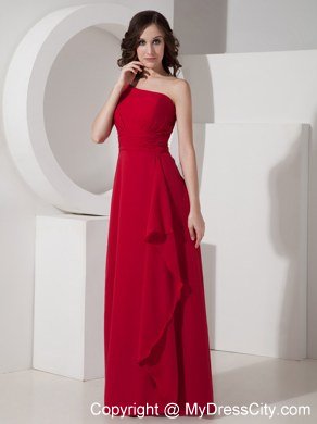 One Shoulder Red Empire Floor-length Chiffon Belt Bridesmaid Dress