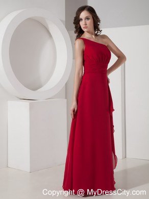 One Shoulder Red Empire Floor-length Chiffon Belt Bridesmaid Dress