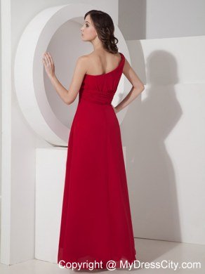 One Shoulder Red Empire Floor-length Chiffon Belt Bridesmaid Dress