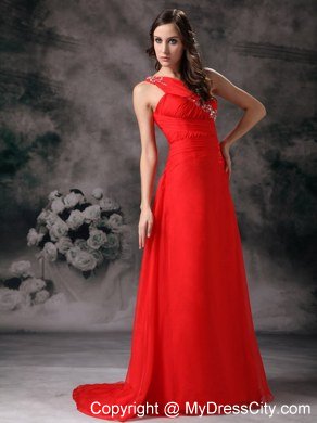 Red One Shoulder Maternity Bridesmaid Dress Chiffon with beading