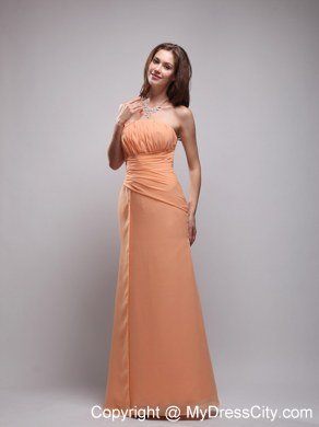 Orange Column Strapless Floor-length Chiffon Ruch Bridesmaid Dress