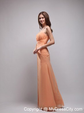 Orange Column Strapless Floor-length Chiffon Ruch Bridesmaid Dress