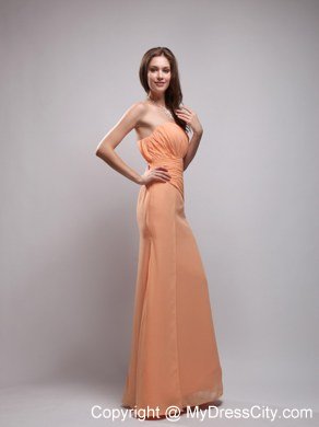 Orange Column Strapless Floor-length Chiffon Ruch Bridesmaid Dress