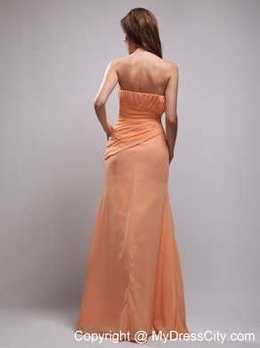 Orange Column Strapless Floor-length Chiffon Ruch Bridesmaid Dress