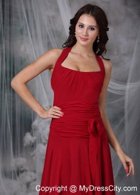 Wine Red Column Halter Tea-length Chiffon Ruched Bridesmaid Dress