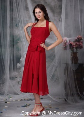 Wine Red Column Halter Tea-length Chiffon Ruched Bridesmaid Dress